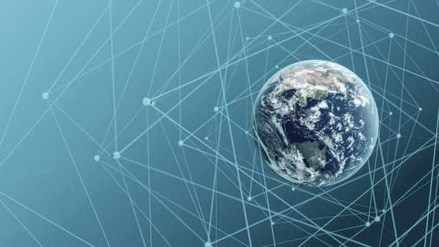Digital representation of Earth with a network grid symbolizing global communication and information technology