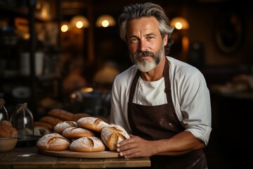 Senior baker with bread in kitchen