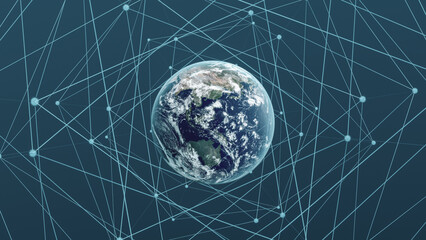 High-resolution image depicting Planet Earth surrounded by an intricate web of digital connections symbolizing global networks