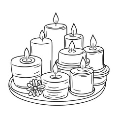 Cozy composition with burning candles.  Hand drawn doodle candles with chamomiles on a plate.
