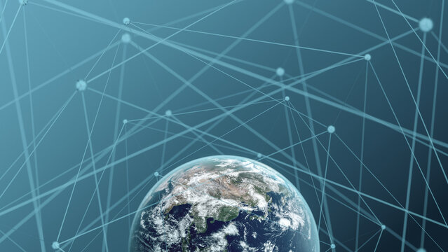 This image visualizes Planet Earth surrounded by an intricate web of digital connections, symbolizing our interconnected world