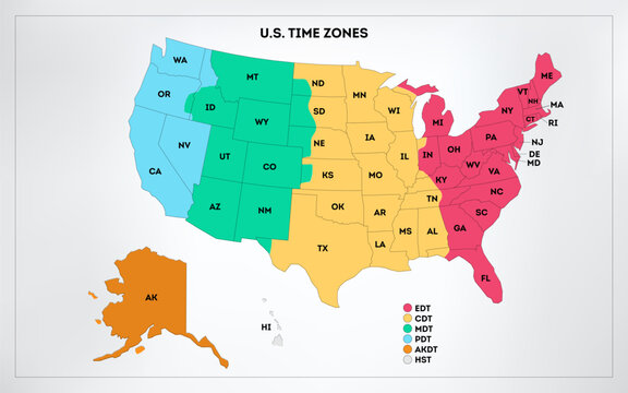 USA time zones infographic map. Colorful United States of America geography time zones. Stock vector illustration isolated on white background.