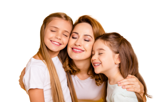 Close-up portrait of three nice cute winsome lovable lovely sweet tender attractive cheerful caucasian people cuddling mum mommy closed eyes isolated over bright vivid shine yellow background