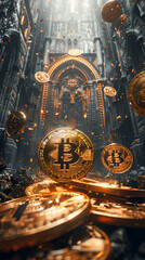 Ancient temple with levitating golden bitcoin coins, the magic of cryptocurrency and future of finance concept