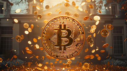 Rain shower of golden bitcoin coins in front of house, ray of light with cryptocurrency falling from the sky, future of blockchain technology concept