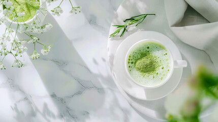green matcha tea banner. Cup of green tea matcha latte foam with matcha powder on white marble...