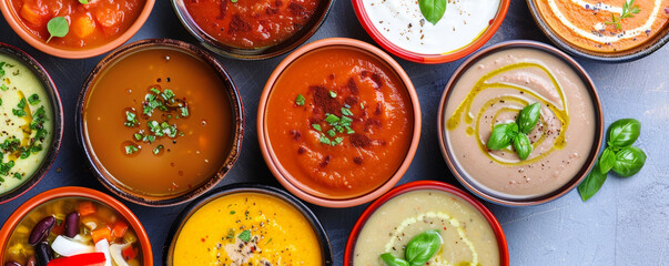 Variety of vegan soups from overhead view - Powered by Adobe