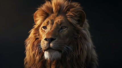 A majestic lion with a full, golden mane stares at the camera with an intense gaze. The dark background makes the lion's fur appear even more vibrant. - obrazy, fototapety, plakaty