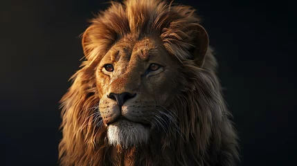 Fotobehang A majestic lion with a full, golden mane stares at the camera with an intense gaze. The dark background makes the lion's fur appear even more vibrant. © Design