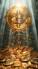 Holy bitcoin rising up to the heavens from a stash of golden coins in a beam of light and golden sparkles