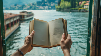 Close-up of hands is open a book in front of a river view. Concept of relaxation and tranquility, as the woman enjoys her book in a peaceful setting. Summer season.