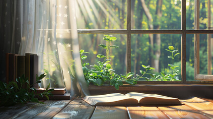 An open book is placed on a wooden table next to a beautiful garden view as a background with a relaxed ambience. Background for relaxation, vacation and rest time.