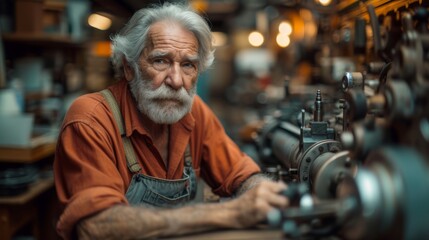 Obraz premium A man in an orange shirt works on a machine in a well-lit room filled with various items