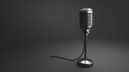 A silver retro microphone on a dark background. The microphone is in focus and the background is...