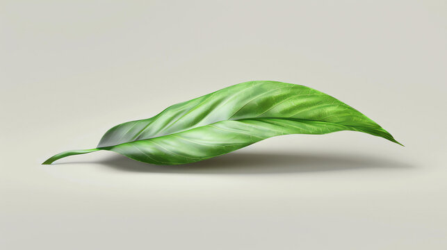 3D rendering of a single green leaf with veins and a glossy surface. The leaf is facing upwards and is isolated on a white background.