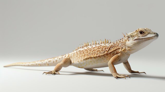 A beautiful and detailed 3D rendering of a lizard. The lizard has a light brown and white color scheme and is standing on a white surface.