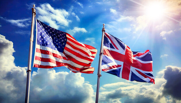 Flags of the United States of America and United Kingdom, with flagpole, blowing in the wind on a blue sky with clouds and copy space and sunbeams. Photography. Generative Ai.