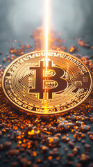 Beam of light splitting bitcoin coin in two, symbolizing the bitcoin halving and and a bright future for cryptocurrency
