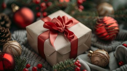 Fototapeta na wymiar Festive holiday gift box with elegant red ribbon amid snowy decorations