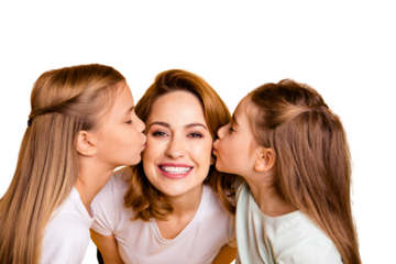 Close-up portrait of three nice cute adorable winsome lovely sweet tender attractive cheerful cheery positive people kissing mum having fun feelings isolated over bright vivid shine yellow background