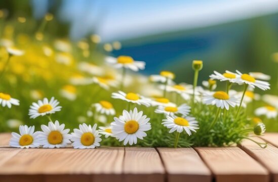 Wooden table, surface, on the background of a field with chamomile. Background of chamomile flowers. Copy space, place for text, empty space.