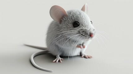 A cute white mouse is sitting on a white background. The mouse is looking at the camera with its big black eyes. Its fur is soft and fluffy.