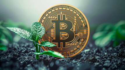 Eco-friendly green Bitcoin mining, single crypto coin in the earth with plants, sustainability and future of cryptocurrency concept