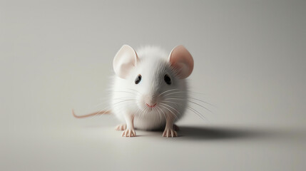 A cute white mouse with pink ears and a long tail is sitting on a white background. - obrazy, fototapety, plakaty