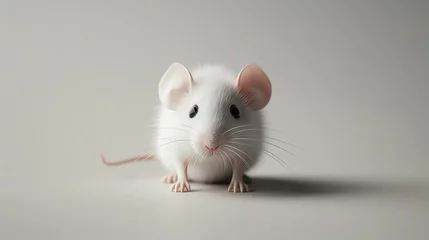 Foto op Canvas A cute white mouse with pink ears and a long tail is sitting on a white background. © Design