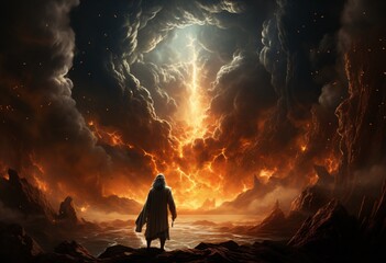 a person standing in front of a lava explosion - obrazy, fototapety, plakaty