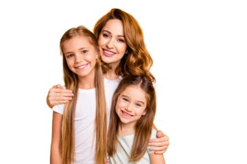 Portrait of three nice cute lovely winsome attractive cheerful cheery blonde positive people cuddling bonding relatives isolated over bright vivid shine yellow background