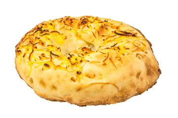 A round, golden brown bread with a hole in the middle. The bread is sitting on a white background