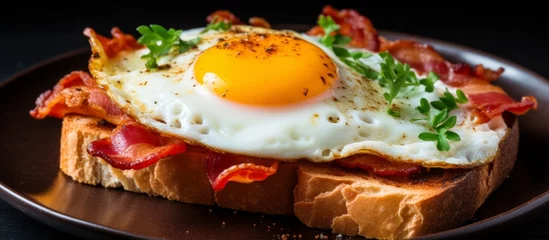 Zelfklevend Fotobehang A closeup photo of a fried egg on a piece of toast plated beautifully. Highlighting the golden egg yolk and crispy egg white, a delicious dish ready to enjoy © AkuAku