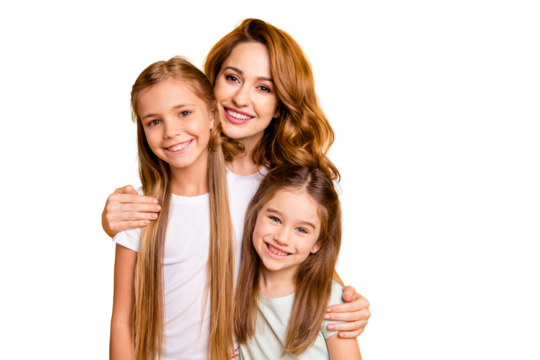 Portrait of three nice cute lovely winsome attractive cheerful cheery blonde positive people cuddling bonding relatives isolated over bright vivid shine yellow background - Powered by Adobe