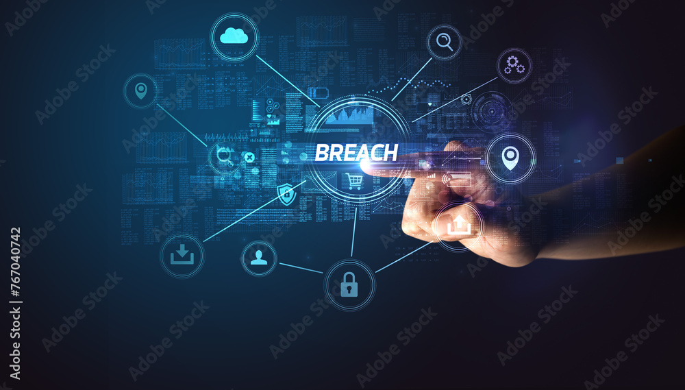 Poster hand touching cybersecurity button