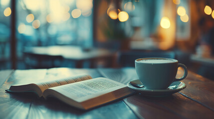An open book and a coffee cup are placed on a wooden table inside a cafe on a blurred evening background with a relaxed ambience. Background for relaxation, vacation and rest time. - obrazy, fototapety, plakaty