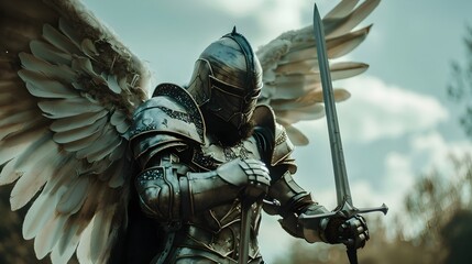 Angelic Warrior Brandishing Sword in Celestial Battle Against Evil