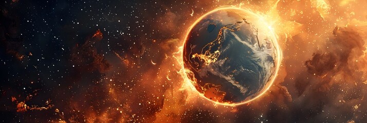 Apocalyptic Destruction of Planet Earth with Raging Cosmic Firestorm and Cataclysmic Celestial Inferno - obrazy, fototapety, plakaty