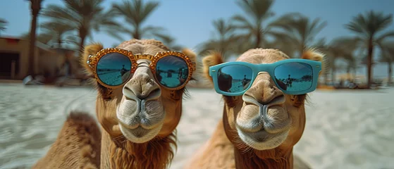 Foto auf Leinwand a two camels wearing sunglasses on the beach © Masum