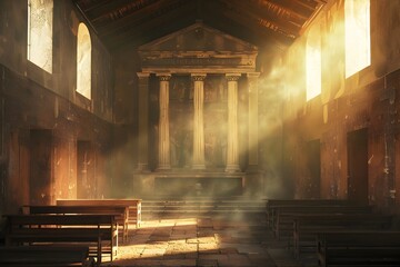 Awe-Inspiring Interior of a Revered Roman-Era Worship Temple,Bathed in Ethereal Light