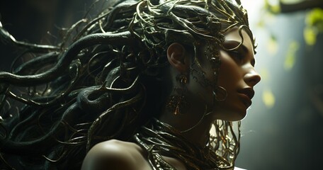 a woman with gold hair and vines on her head