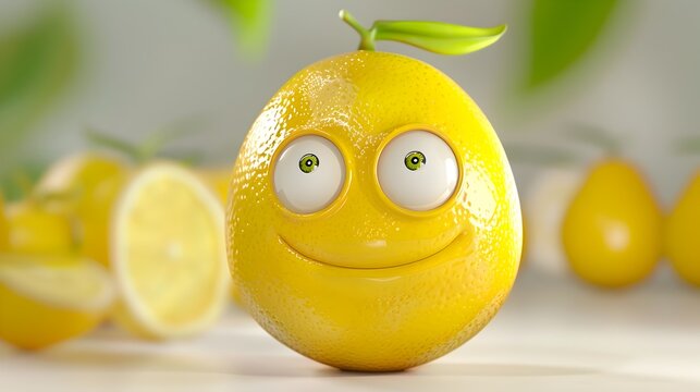 Cheerful 3D Cartoon Lemon Character with Expressive Eyes on Plain Background
