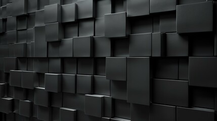 Dark 3D rendering of a futuristic wall made of randomly sized black cubes.