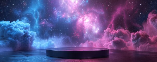 Fototapeta na wymiar a round podium on the floor of an empty room, cosmic background with galaxies and nebulae, purple blue pink colors, futuristic scene