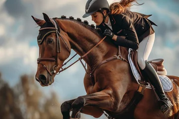 Fotobehang Equestrian girl in focused riding session on a majestic brown horse © Georgii