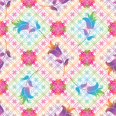 Vector seamless floral rainbow pattern with colorful gradient fowers in doodle style on a white background