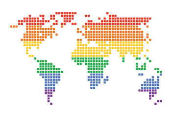 mosaic in the form of a world map, in the colors of the LGBT flag, isolated on a white background