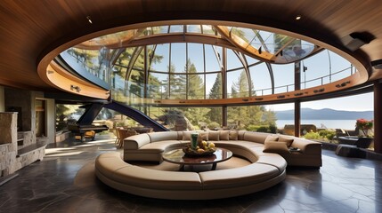Dramatic sunken circular great room with 25-foot curved wood beam ceilings curved glass walls and hanging suspended loft.