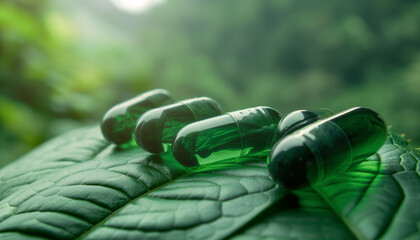 Close-Up of Green Herbal Capsules on a Leaf - obrazy, fototapety, plakaty