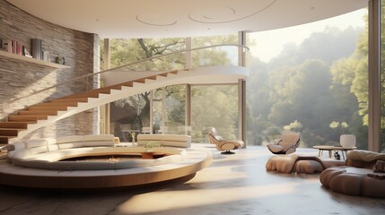 Dramatic sunken circular living room with overhanging mezzanine walkway and two-story windows overlooking terrain.